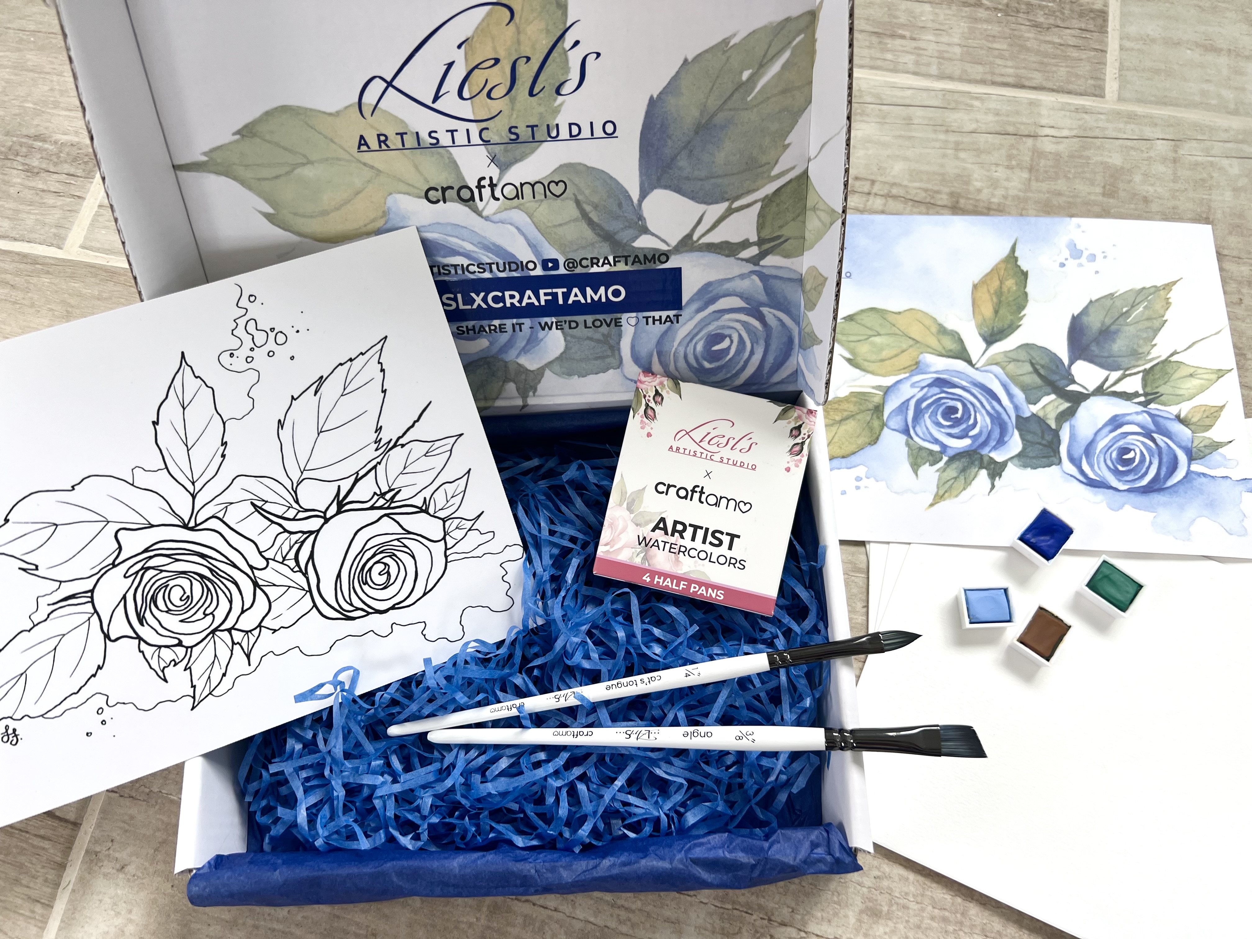 Inside the blue flower theme box with watercolor supplies