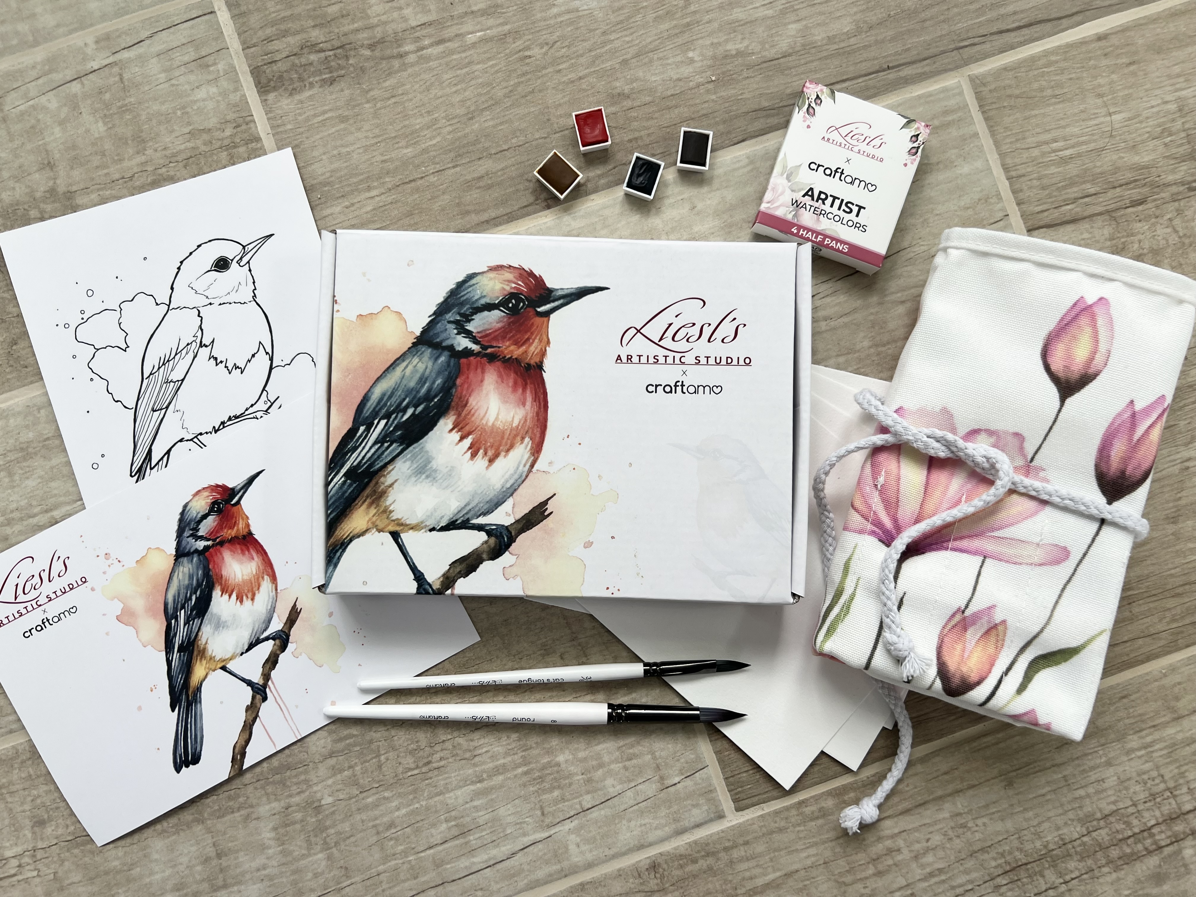 Red bird theme watercolor box contents